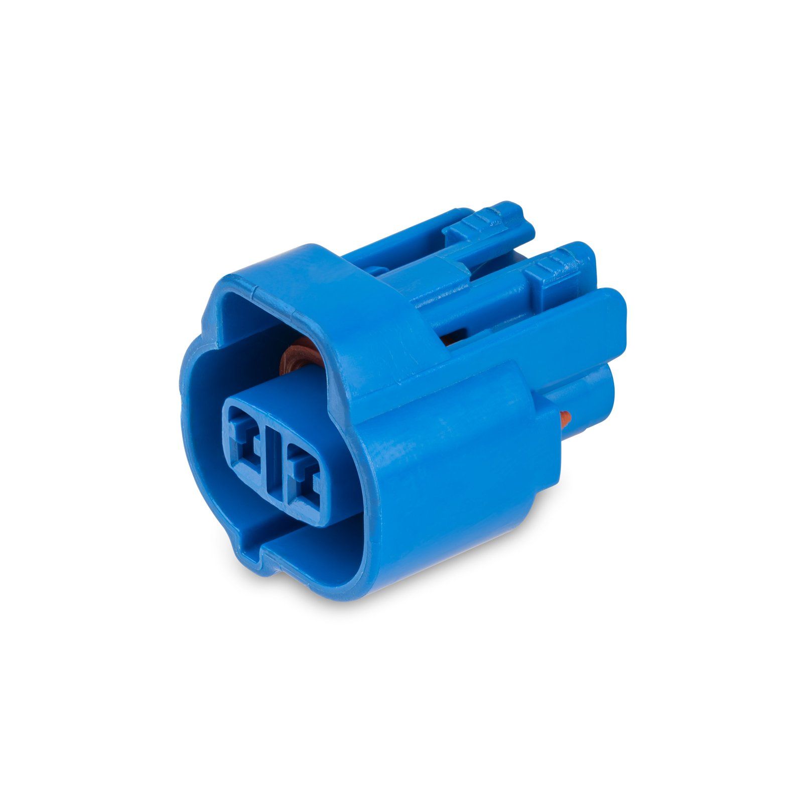 Blue two-pin automotive connector on a white background