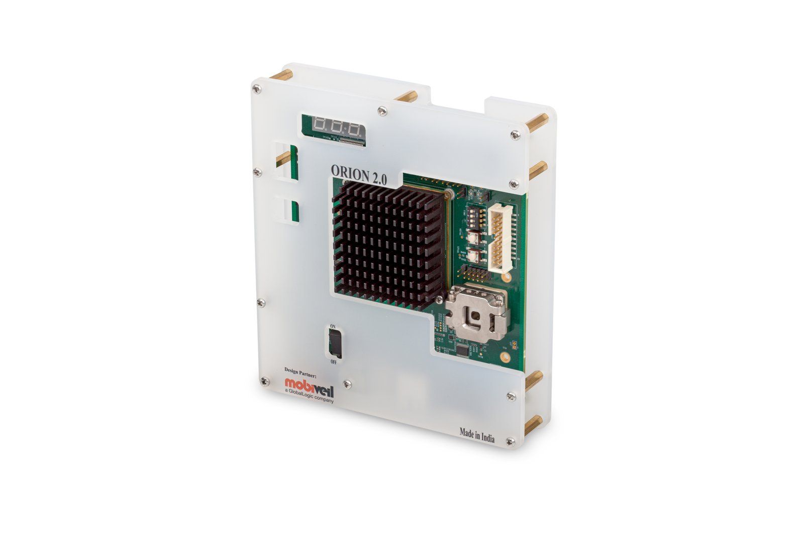Circuit board with a heatsink mounted in a frosted acrylic frame, on white