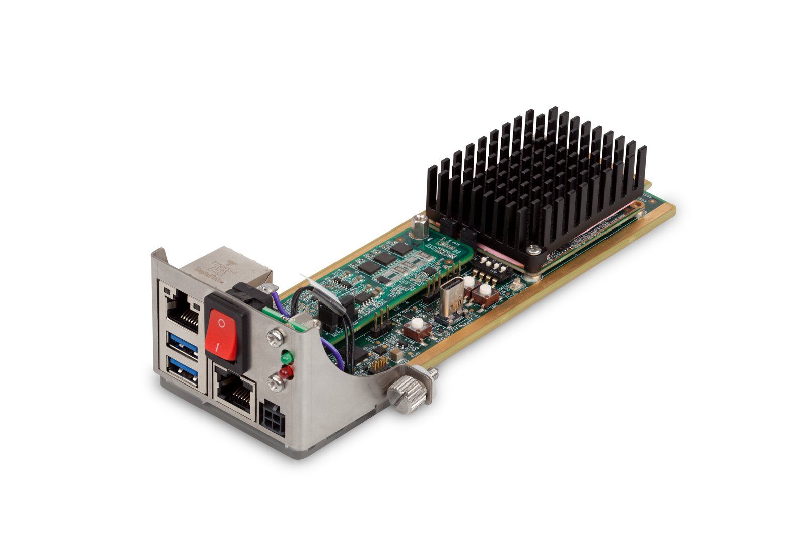 Circuit board with a black heatsink and a red switch on a metal bracket, on white