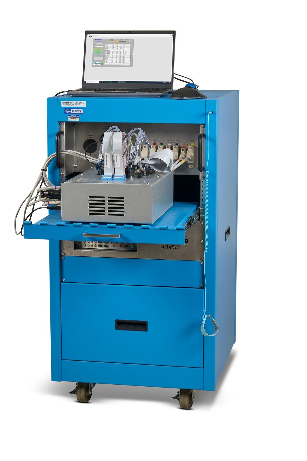 Blue electronics test cart with a laptop on top and a module on its tray