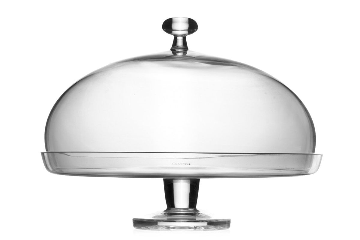 Glass cake stand with a domed glass cover on a white background