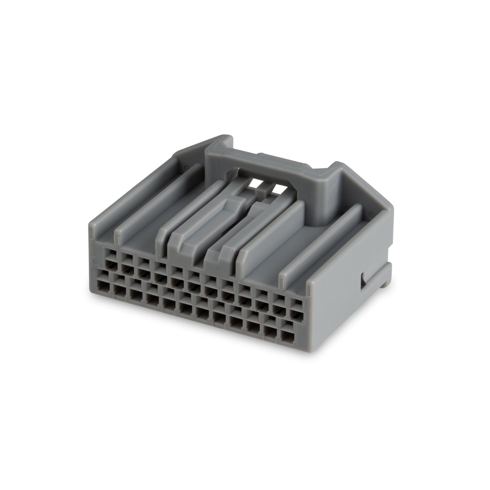 Grey multi-pin automotive connector on a white background