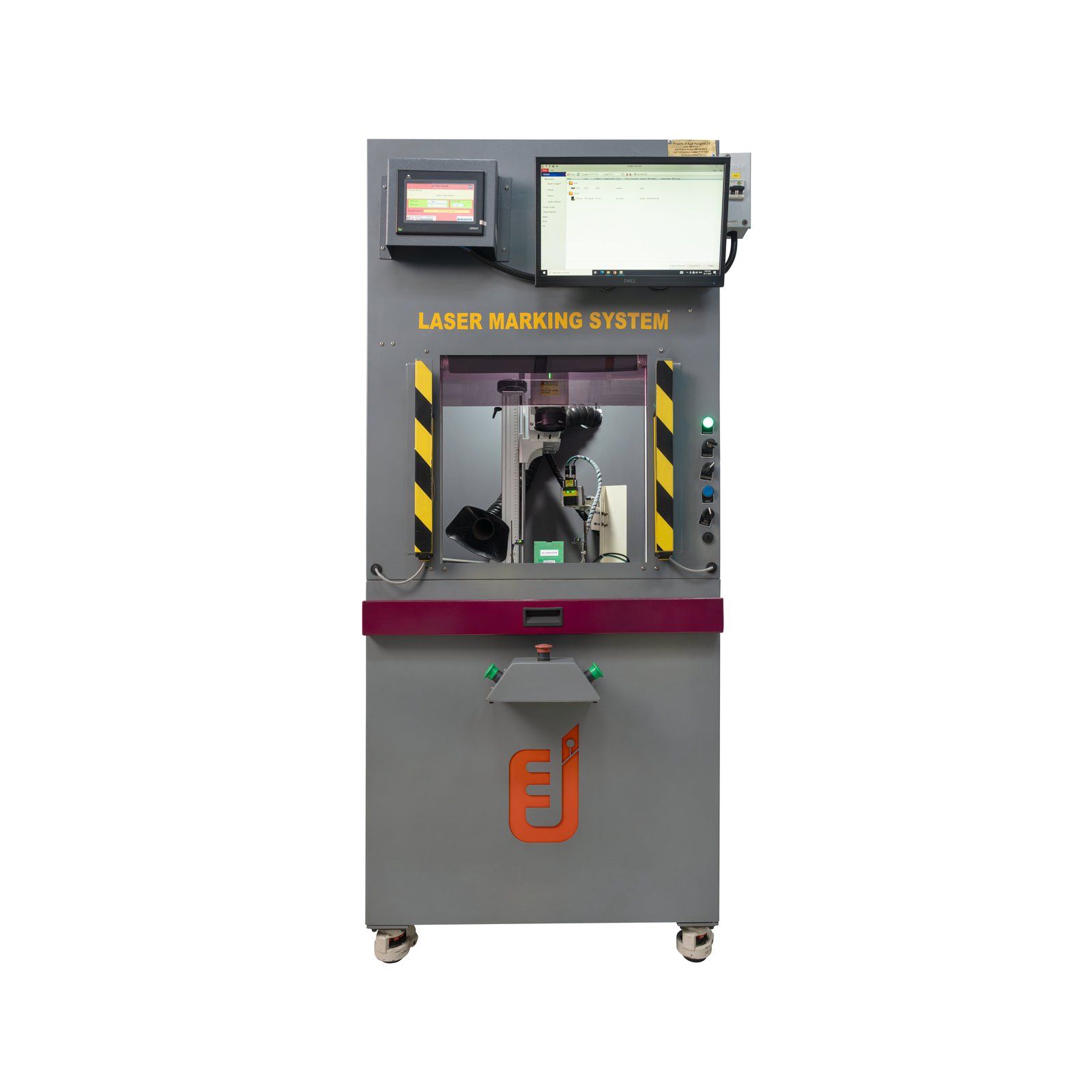 Grey laser marking system with a hazard-striped work chamber