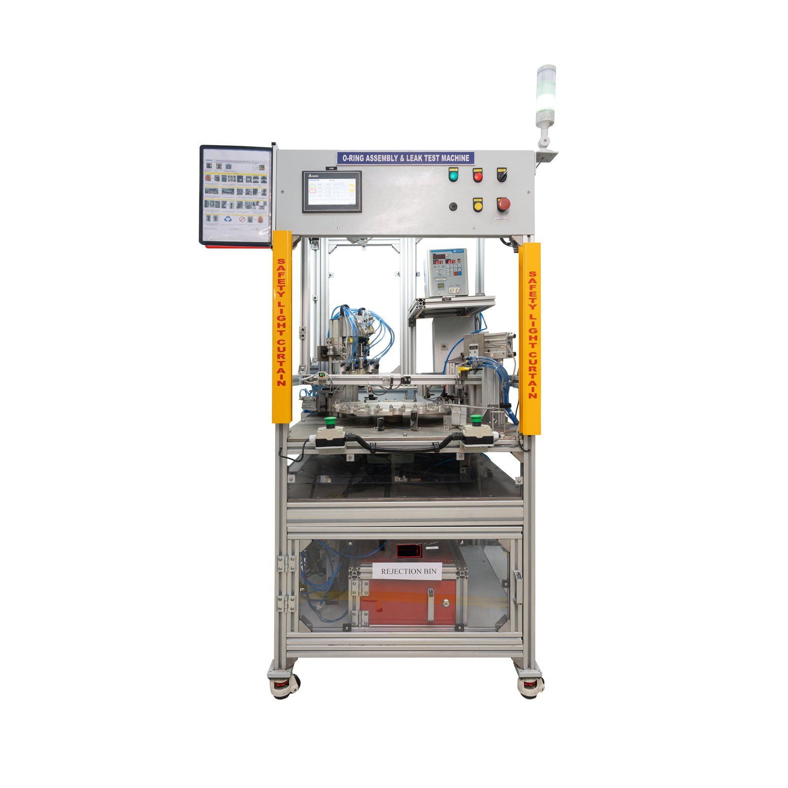 Leak test machine with safety light curtains and a touch-screen panel
