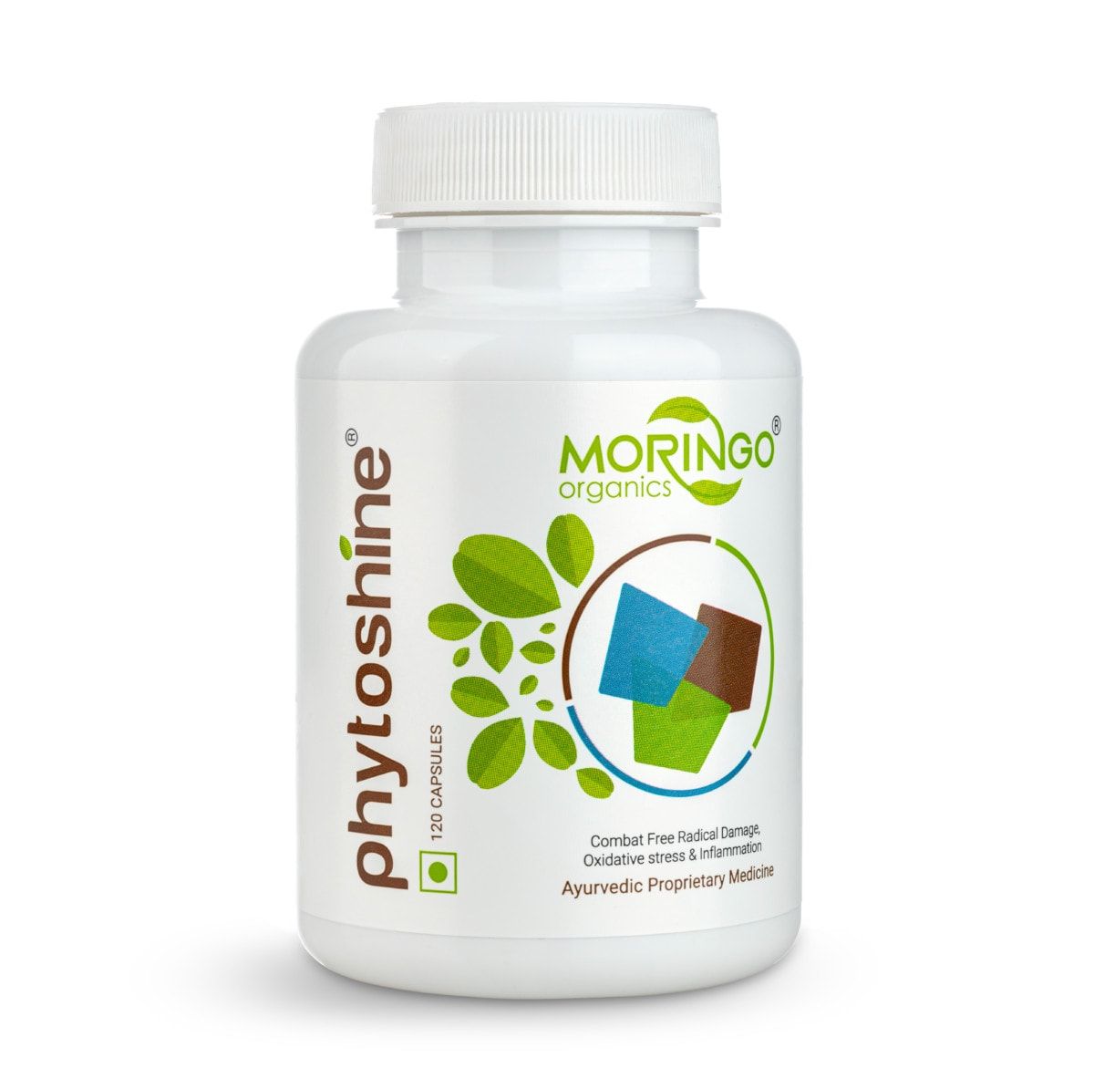 Moringo Organics Phytoshine capsule bottle on a white background