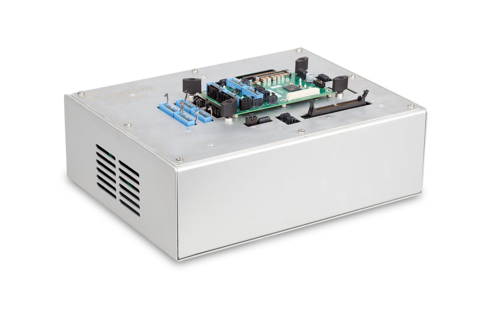 Open aluminium electronics enclosure with circuit boards and colour-coded ports